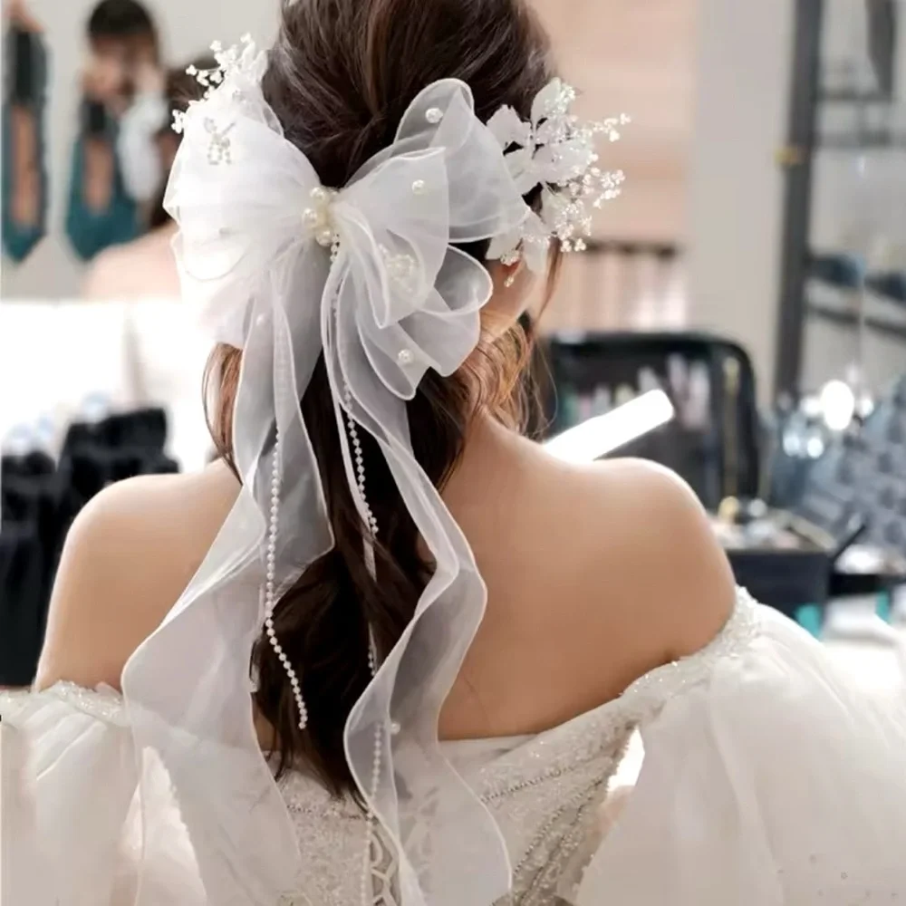 Oversized White Mesh Bow With Pearls Hair Clip